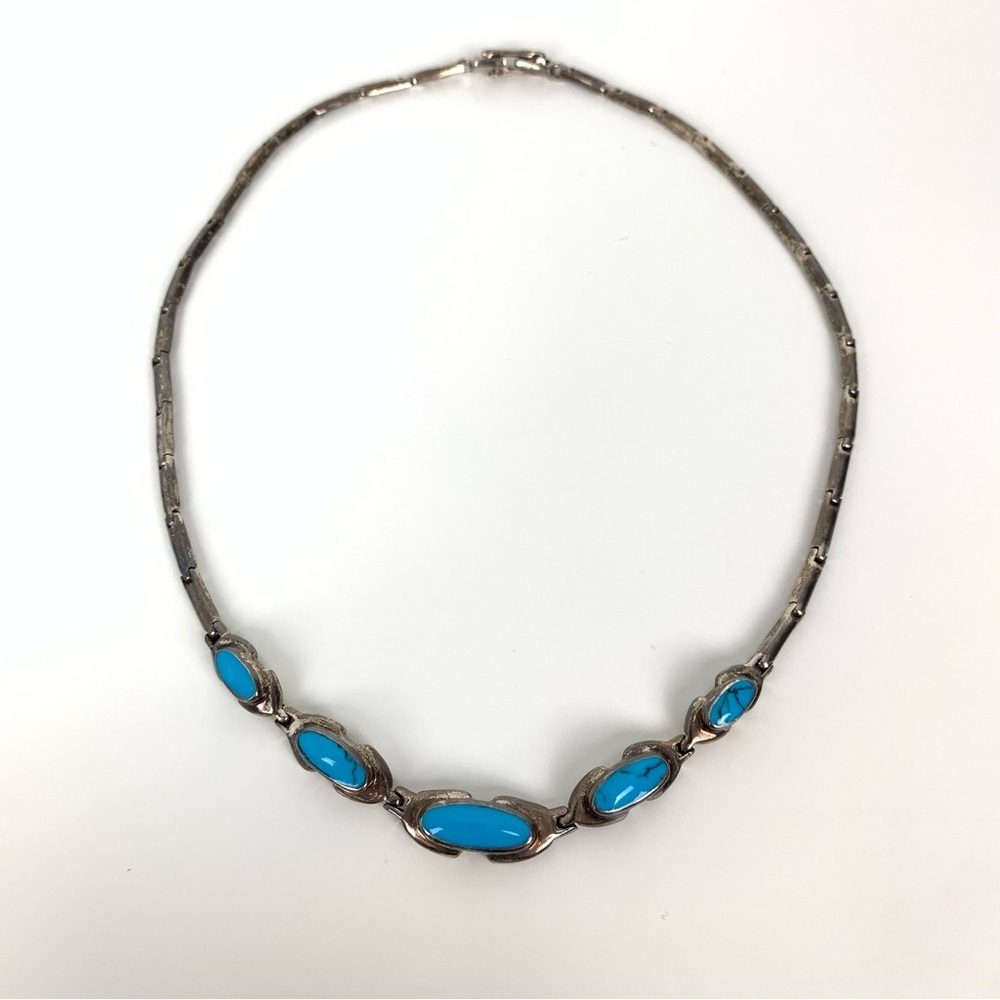 Sterling Silver Necklace Blue Turquoise Stones Linked Stamped 925 Vtg Read